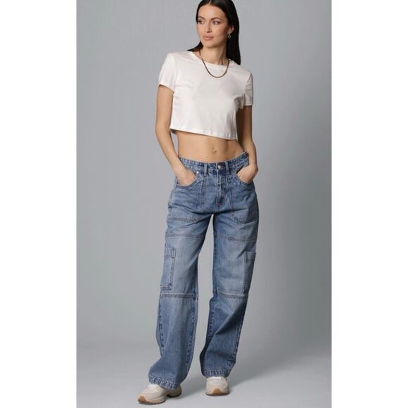 Avec Les Filles High-Rise Wide-Leg Denim Cargo Jeans Tunnel Sz 29 90s y2k Baggy - Picture 1 of 13